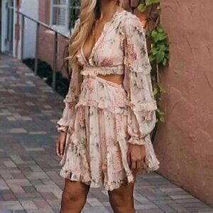 Pink Bohemian Spring Summer  Lace up Back Floral Ruffle Backless Mini Dress XXL